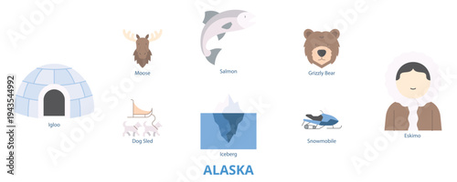Alaska Flat Icons Vector - Iceberg, Moose, Grizzly Bear, Dog Sled, Igloo, Snowmobile, Eskimo 