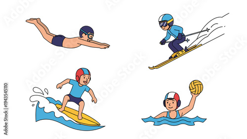 Cartoon Kids Sports Activities Set: Swimming, Skiing, Surfing, Water Polo Illustration