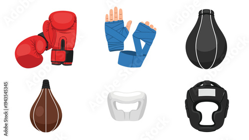 Boxing & Combat Sports Gear Set. Illustrated collection of gloves, hand wraps, punching bags, mouthguard, and headgear for training.