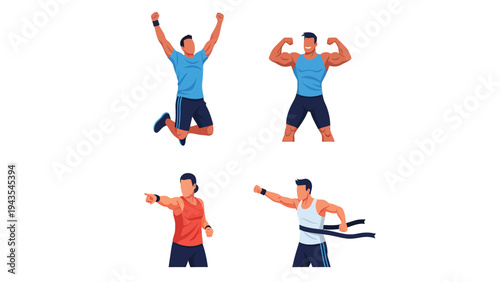 Fitness men vector illustrations: jumping for joy, flexing muscles, pointing, and crossing finish line. Concepts of strength, success & achievement.