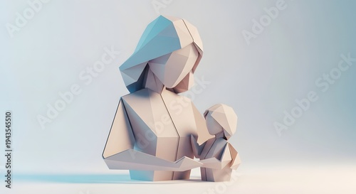 A 3D rendered paper art sculpture in low poly style depicting a mother holding her child in a warm, minimalist embrace