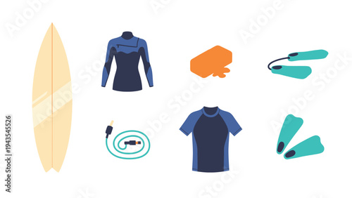 Water Sports Equipment Set: Surfboard, Wetsuit, Fins, and Accessories for Surfing and Diving Adventures