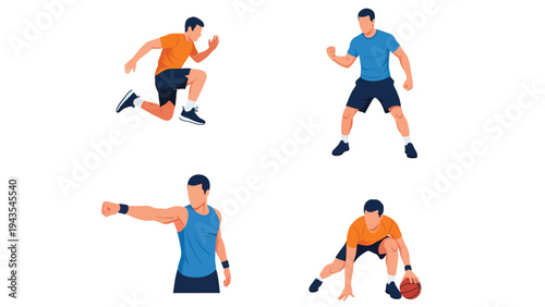 Men's Sports & Fitness Activity Vector Set: Dynamic Poses for Exercise, Running, and Basketball Dribbling