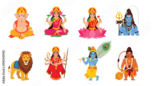 Hindu Gods and Goddesses Vector Set. Illustrations of Ganesha, Lakshmi, Shiva, Durga, Krishna, Rama. Traditional Indian Deities.