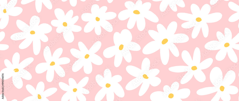 Fototapeta premium White flower seamless pattern on pink background. Cute hand drawn floral repeated wallpaper. Romantic blossom motif for textile print, fabric swatch, dress ornament, wrapping paper. Vector 
