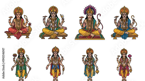 Traditional Multi-Armed Hindu Deities Vector Set. Gods and Goddesses Illustrations Collection.
