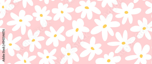 White flower seamless pattern on pink background. Cute hand drawn floral repeated wallpaper. Romantic blossom motif for textile print, fabric swatch, dress ornament, wrapping paper. Vector 