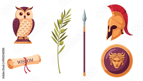 Classical Greek Culture Symbols Set: Wisdom, Warfare & Mythology Icons - Owl, Olive Branch, Helmet, Spear, Scroll, Shield