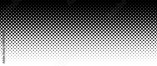 Square pixel halftone gradient texture. Fading checkered gradation wallpaper. Abstract vanishing comic pop art backdrop. Black and white squared dot background. Vector repeated raster effect overlay