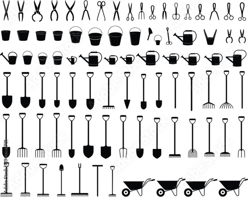 Gardening tools silhouettes collection featuring shovels, rakes, hoes, wheelbarrows, watering cans, and pruning shears, black vector illustration set for design, education, and outdoor inspiration
