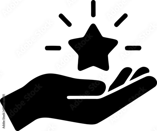 A black silhouette of an open hand holding a shiny star with radiating light lines