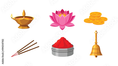 Diwali Festival Icons diya lamp lotus flower gold coins incense sticks kumkum powder and bell for Hindu puja and Indian celebrations
