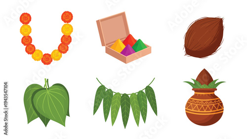 Traditional Indian Festival Symbols Haldi Kumkum Coconut Betel Leaves Toran Kalash for Puja and Celebrations