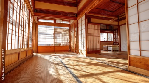 Serene Japanese interior with tatami mats, shoji screens, wooden beams, and natural light creating a peaceful atmosphere for relaxation and meditation