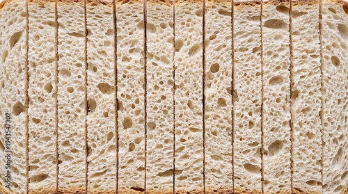 Top View of Sliced White Bread Loaf – Soft Sandwich Bread Texture with Airy Crumb Structure, Ideal for Toast, Breakfast, and Bakery Food Background