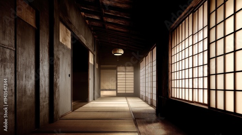 Serene Japanese Corridor with Shoji Screens and Warm Lighting in Traditional Wooden Architecture