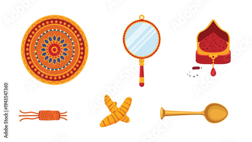 Exquisite Indian Wedding Ritual Items Collection Vermilion Mirror Turmeric Spoon and Decorative Plate