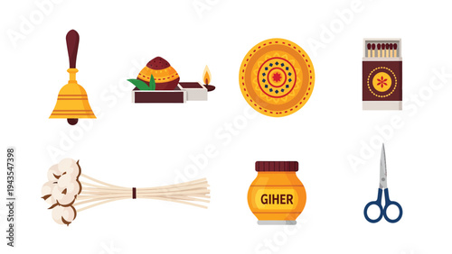 Diwali Puja Kit Elements Bell Diya Lamp Puja Thali Matches Cotton Wicks Ghee Scissors Clipart Illustration