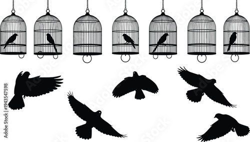 Bird cage and flying bird silhouette vector set featuring birds inside cages and birds in flight, symbolizing freedom, captivity, wildlife, and nature illustration.