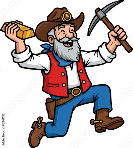 Cartoon gold miner character holding pickaxe and gold bar, cheerful prospector mascot illustration for mining industry, treasure hunting, gold rush theme isolated on white