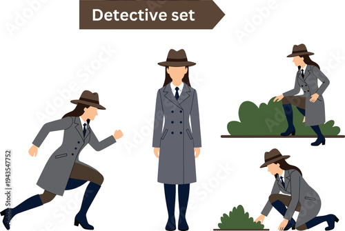 Cartoon female detective character set with trench coat and hat investigating clues searching crime scene running and observing mystery investigation concept illustration
