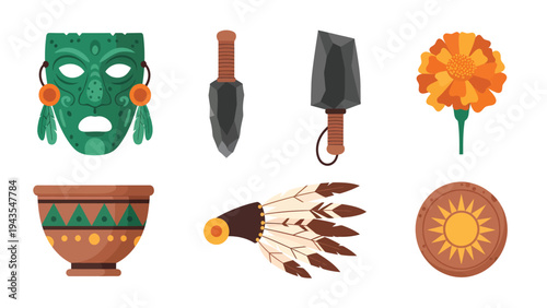 Ancient Aztec Maya Artifacts Collection Mask Tools Pot Headdress Flower Sun Symbol Vector Icons
