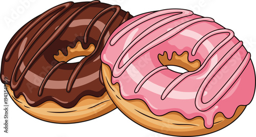 Chocolate and strawberry glazed donuts with sweet icing drizzle, delicious bakery dessert illustration, colorful pastry treat isolated, tasty breakfast snack vector design