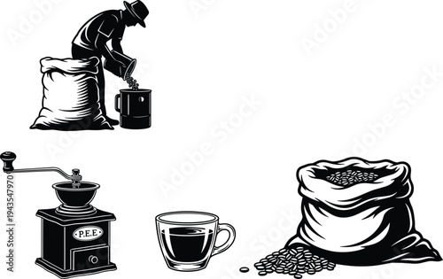 Coffee production process illustration with farmer pouring beans, vintage hand grinder, cup of coffee and sack of roasted beans, coffee brewing concept isolated