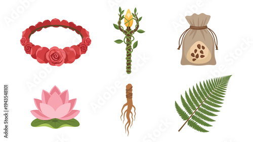 Magical Nature Elements Fantasy Herbs Flowers and Enchanted Objects for Game Design and Illustration