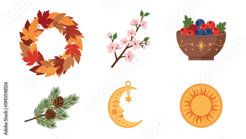 Seasonal Elements Collection Autumn Wreath Spring Blossom Berries Pine Moon Sun Icons