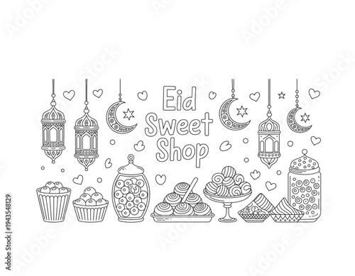 A minimalist line art illustration of an Eid Sweet Shop with desserts and lanterns on transparent background