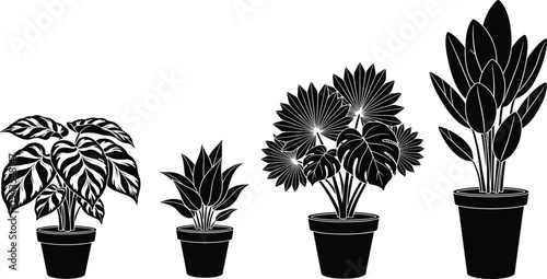 Collection of potted houseplant silhouettes isolated on white background, decorative indoor plants vector set, botanical foliage icons for home decor, gardening design, logo or stencil