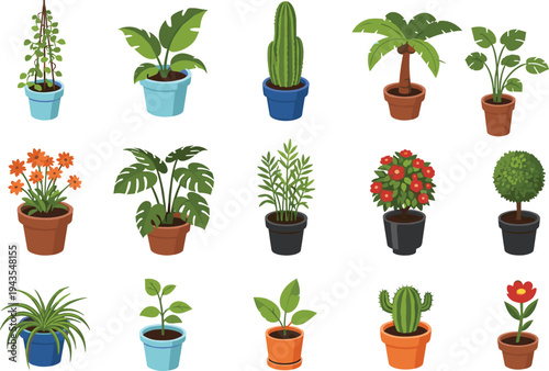 Collection of potted houseplants including cactus, palm, monstera, flowers and tropical foliage in decorative pots, colorful flat illustration set for indoor gardening and home decor