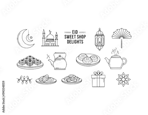A set of Eid-themed illustrations and icons on transparent background