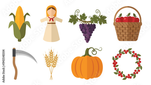 Harvest Icons Set Corn Scarecrow Grapes Apples Scythe Wheat Pumpkin Wreath Autumn Bounty Agriculture Collection