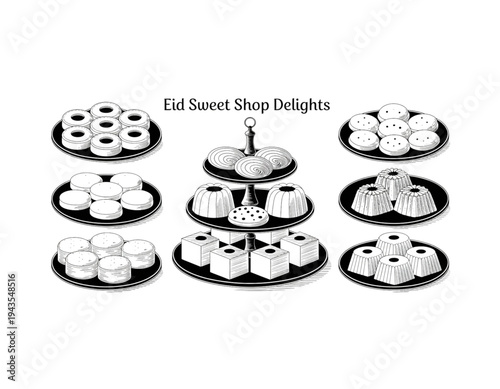 A black and white illustration of various traditional Eid sweets on a multi-tiered serving dish on transparent background