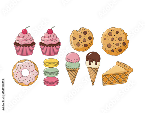 A colorful illustration of various sweet treats on transparent background