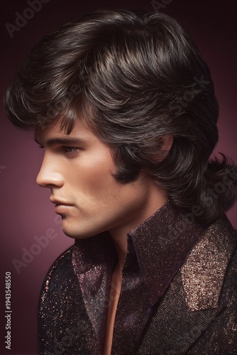 70s disco heartthrob haircut, brushed-back layered hair, shiny polished texture, full volume on top