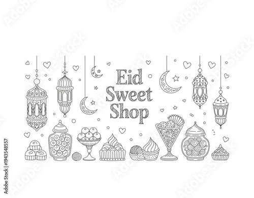 A minimalist line art illustration of an Eid Sweet Shop with desserts and lanterns on transparent background