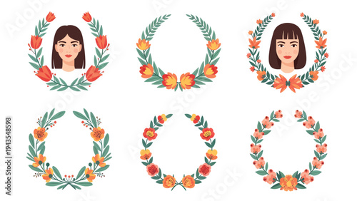 Celebration Wreaths and Floral Frames Featuring Women Portraits Vector Illustrations Set