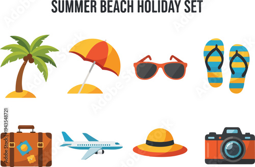 A beach holiday set with icons of a palm tree umbrella sunglasses flipflops suitcase airplane hat and camera