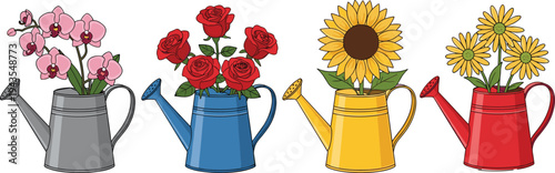 Colorful watering cans with blooming flowers collection, sunflower, roses, orchid and daisy garden illustration set, decorative floral watering can vector isolated on white background