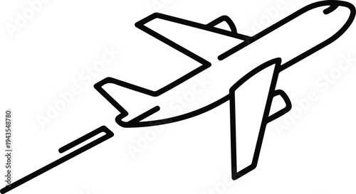 A black outlined airplane flies diagonally upwards A jet stream emits from the rear