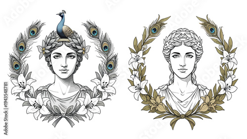 Classical Greek Goddess Hera with Peacock and Laurel Wreath Symbol of Royalty and Beauty