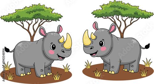 Cute cartoon rhinoceros characters standing on grass with acacia trees in savanna landscape, colorful wildlife animal illustration for kids, nursery design, education and safari theme