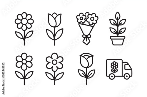 Simple black and white floral icons with a delivery van illustration