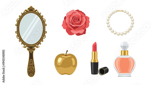 Elegant Vintage Beauty Essentials Collection Mirror Rose Pearl Necklace Golden Apple Lipstick and Perfume Bottle Isolated on White Background