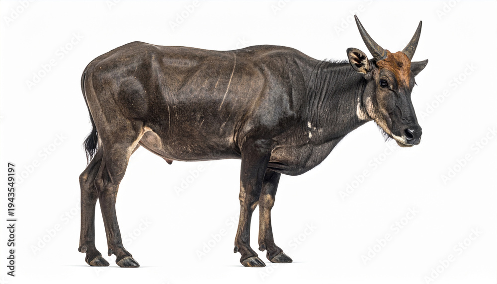 Obraz premium A dark brown wildebeest standing against a white background, side view, showing its distinctive horns and fur texture.