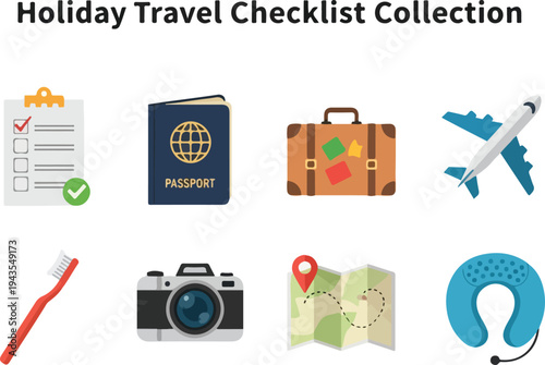 A collection of travel icons including a checklist passport suitcase airplane toothbrush camera map and neck pillow