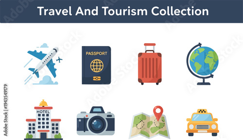 A collection of travel icons featuring an airplane passport suitcase globe hotel camera map and taxi